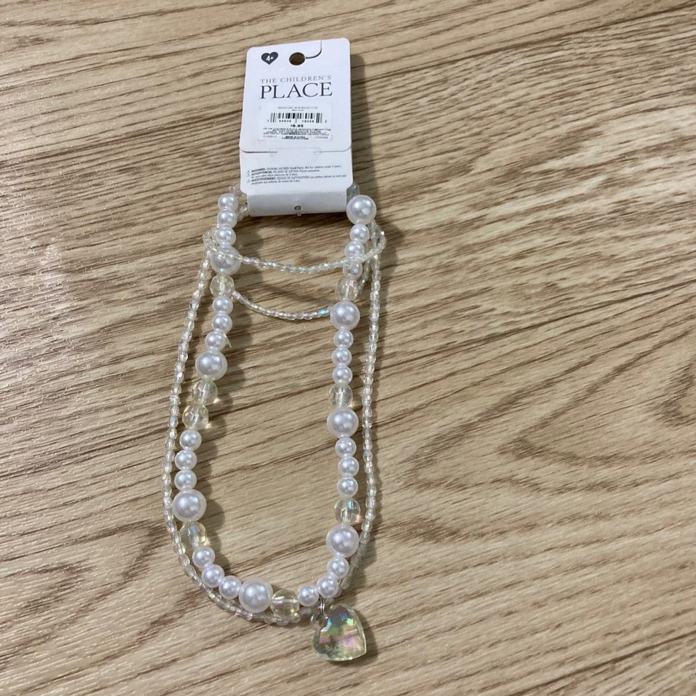 The Childrens Place Layered Heart Necklace‎ Girls OS White New Iridescent BEADED
